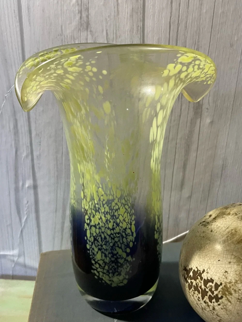 Handblown Glass Flared Vase in Lime Green and Deep Blue
